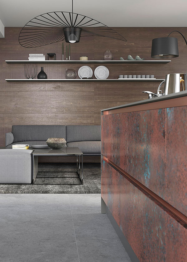 Ferro Oxidized Copper and Rezana Espresso Oak Kitchen