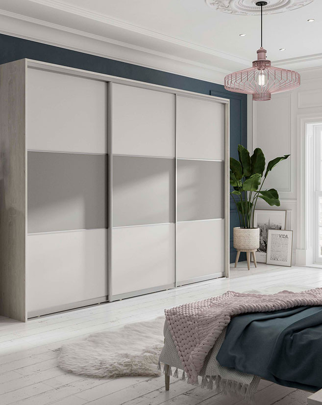 Volante Satin Chalk Grey Gloss and Storm Grey Glass Bedroom Furniture