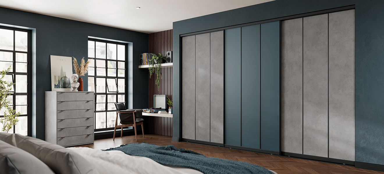 Volante Light Grey Chicago Concrete and Satin Blue Vintage Glass Bedroom Furniture