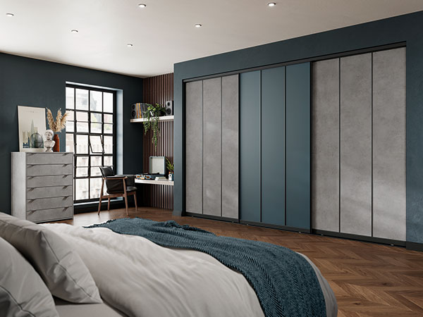 Volante Light Grey Chicago Concrete and Satin Blue Vintage Glass Bedroom Furniture