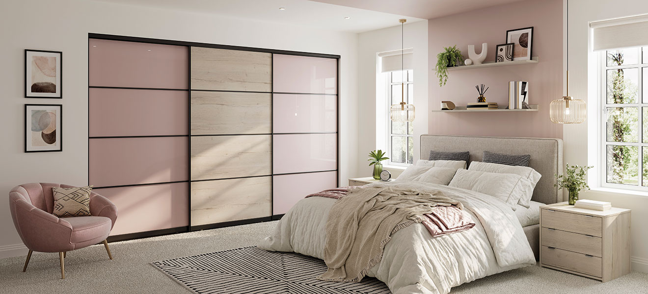 Volante Rose Quartz Glass and White Halifax Oak Bedroom Furniture