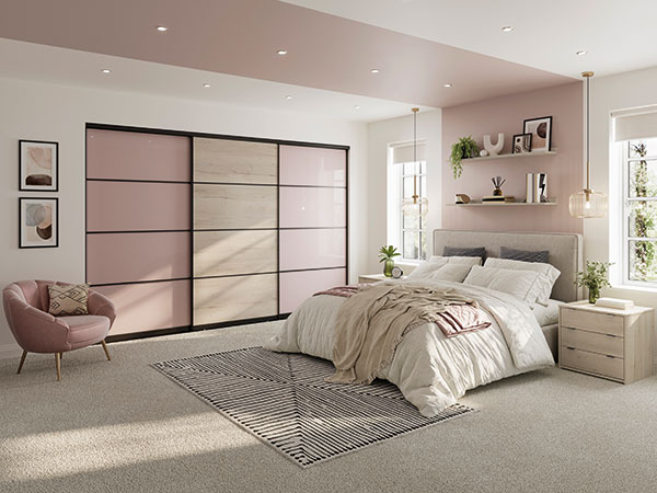 Volante Rose Quartz Glass and White Halifax Oak Bedroom Furniture